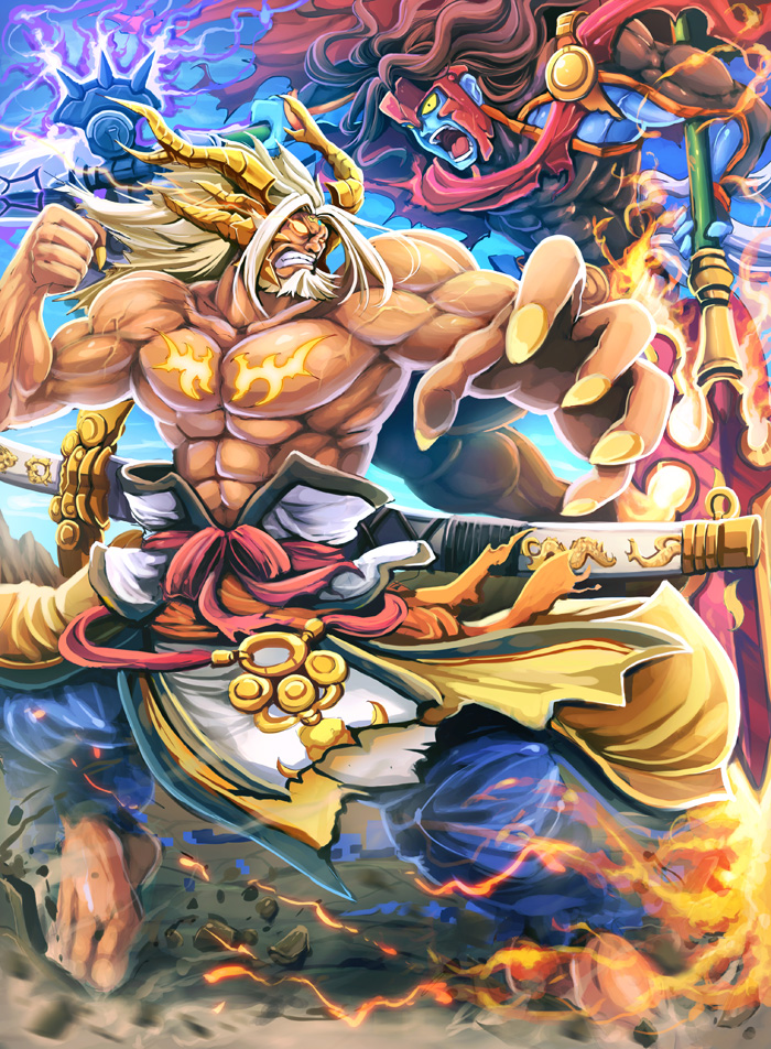 2boys, ares_(p&amp;d), beard, blonde_hair, blue_skin, colored_skin, facial_hair, fagan_(p&amp;d)