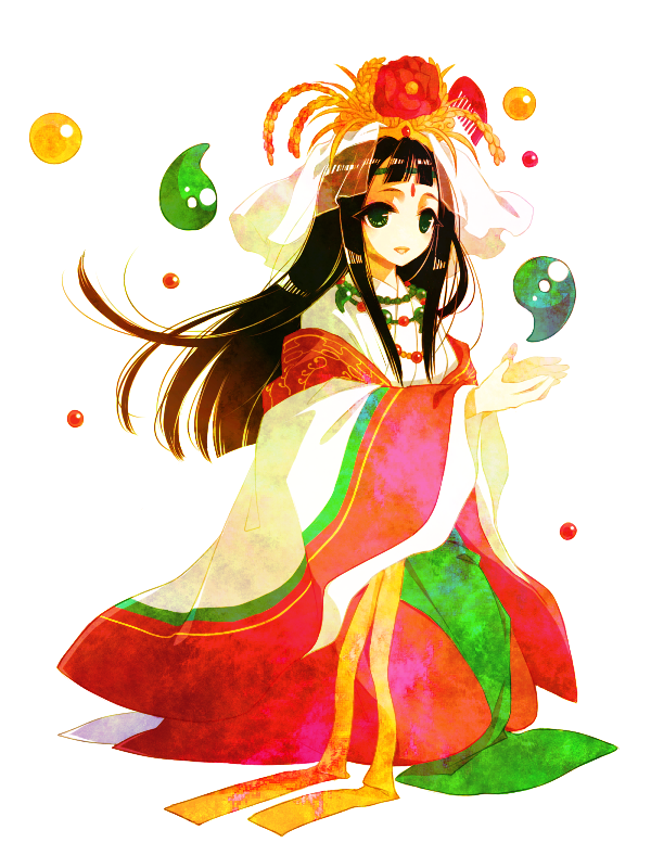 1girl, brown_hair, green_eyes, hair_ornament, japanese_clothes, kimono, kushinada_(p&amp;d), long_hair