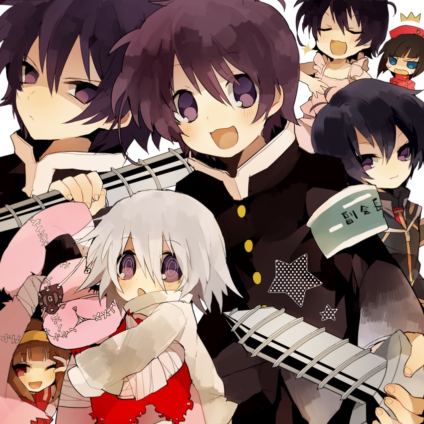 1boy, 2girls, ajimu_najimi, aka_aoki, armband, black_hair, blush, brown_hair