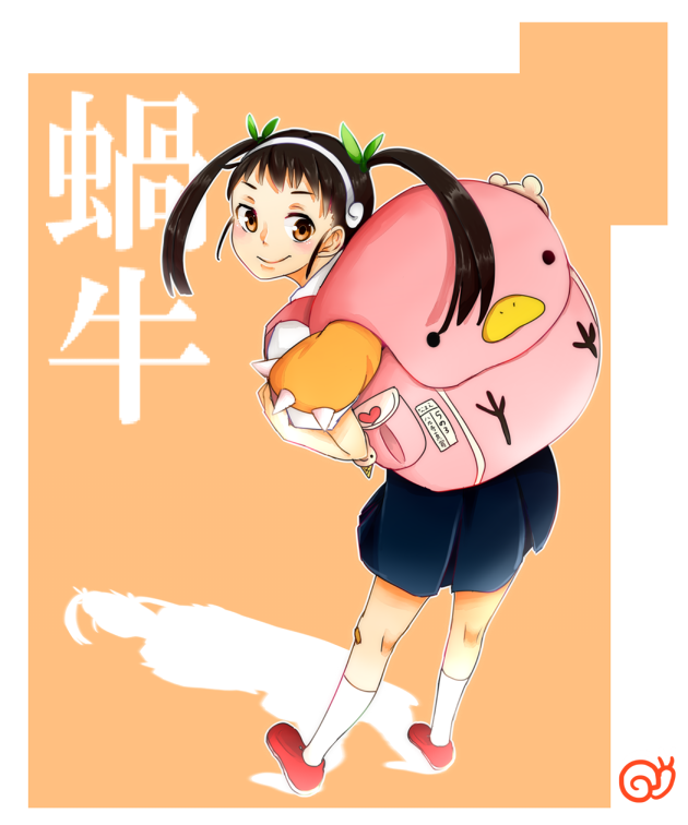 1girl, backpack, bad_id, bad_pixiv_id, bag, black_hair, hachikuji_mayoi, long_hair