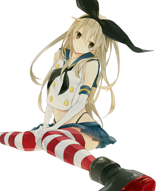 10s, 1girl, bad_id, bad_pixiv_id, bare_shoulders, black_eyes, black_panties, blonde_hair, elbow_gloves, female_focus, flat_chest, gloves, hair_ribbon, kantai_collection, kota_uro, long_hair, looking_at_viewer, navel, panties, pantyshot, personification, ribbon, sailor_collar, shimakaze_(kancolle), sitting, skirt, solo, striped_clothes, striped_thighhighs, thighhighs, underwear, upskirt, wariza, white_gloves