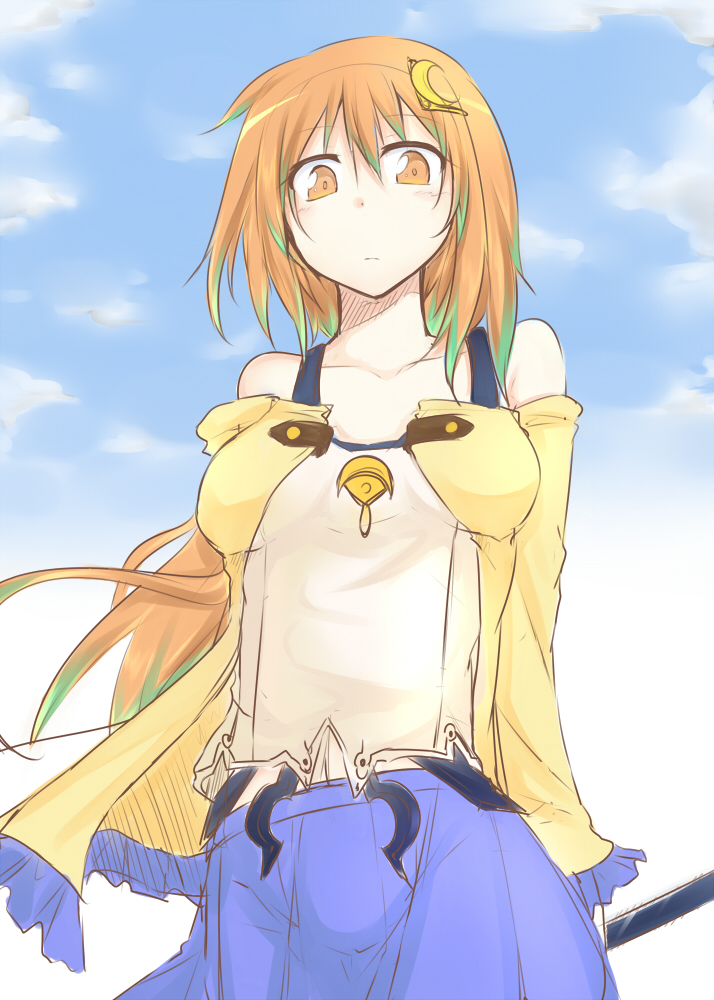 1girl, brown_eyes, brown_hair, crescent, crescent_hair_ornament, day, female_focus, hair_ornament