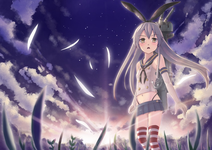 10s, 1girl, anchor, black_panties, blonde_hair, blush, elbow_gloves, female_focus, gloves, hair_ornament, hairband, kantai_collection, karukei, long_hair, navel, panties, pantyshot, personification, rensouhou-chan, shimakaze_(kancolle), skirt, solo, striped_clothes, striped_thighhighs, thighhighs, underwear, upskirt, white_gloves