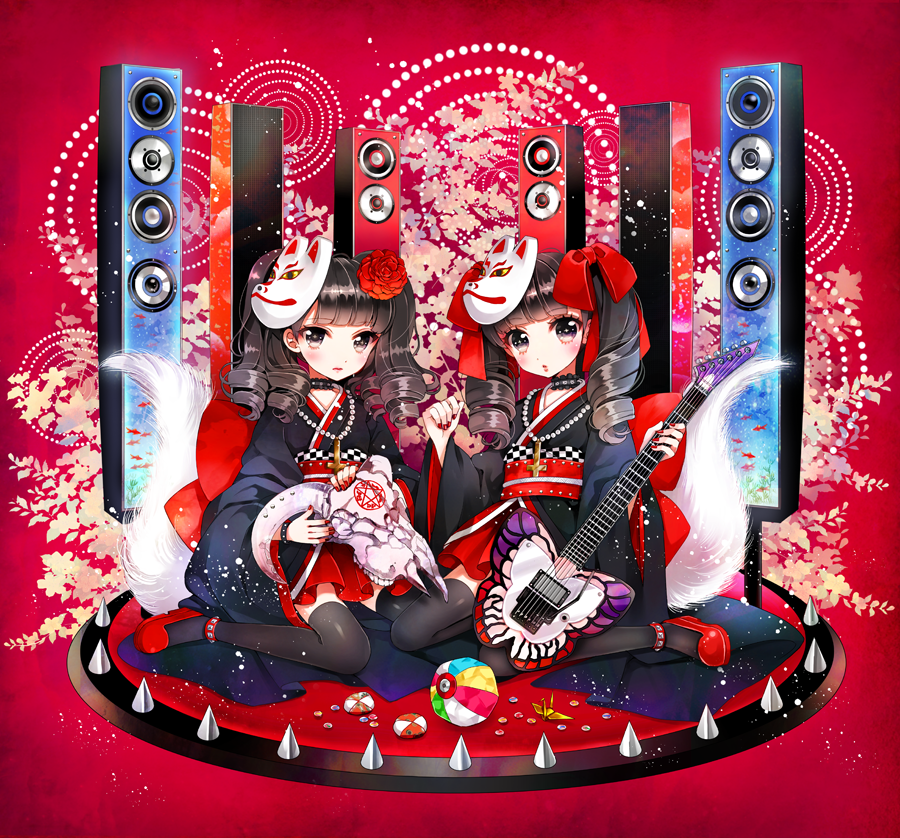 2girls, anklet, babymetal, ball, beachball, black_hair, bow, choker