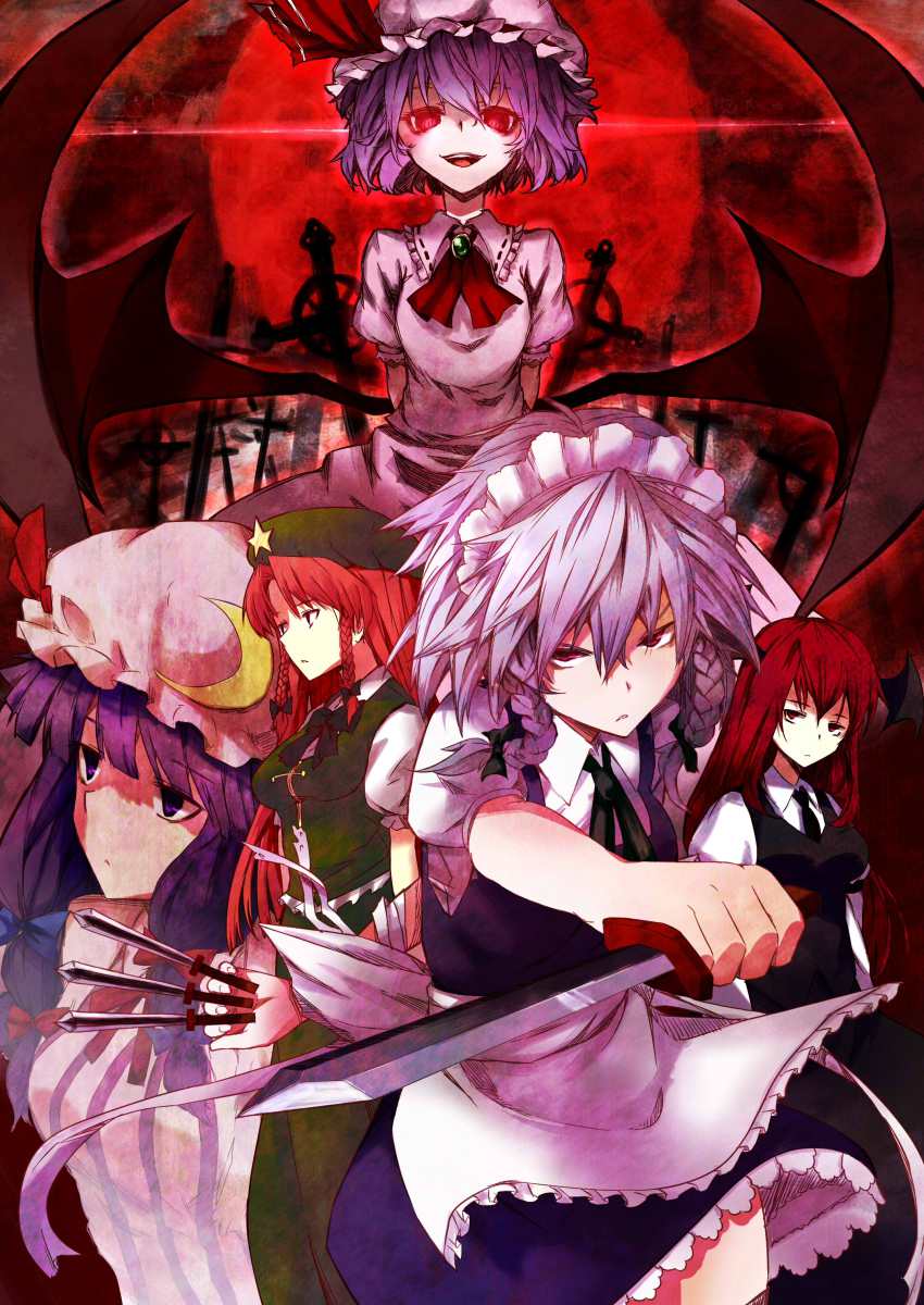 5girls, :<, absurdres, apron, bat_wings, braid, breasts, crescent