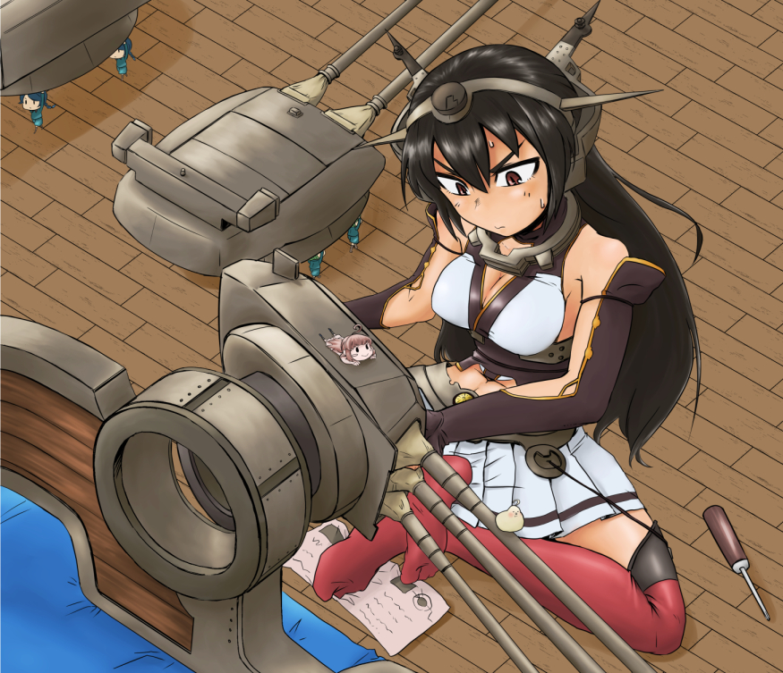 10s, 1girl, 46cm_triple_gun_mount, bare_shoulders, black_hair, breasts, brown_hair, elbow_gloves, fairy_(kancolle), feet, female_focus, gloves, headgear, kantai_collection, kasupikai, large_breasts, long_hair, maintenance_musume_(kancolle), miniskirt, nagato_(kancolle), navel, no_shoes, personification, red_eyes, screwdriver, skirt, socks, soles, solo, thighhighs, zettai_ryouiki
