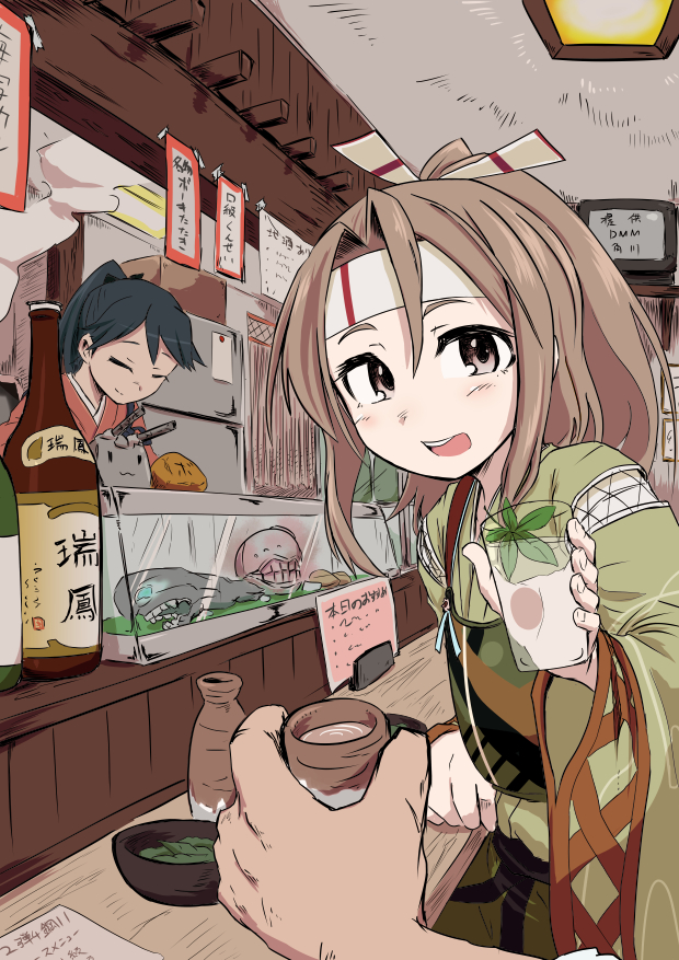 10s, 2_fuel_4_ammo_11_steel, 2girls, abyssal_ship, alcohol, bottle, brown_eyes, brown_hair