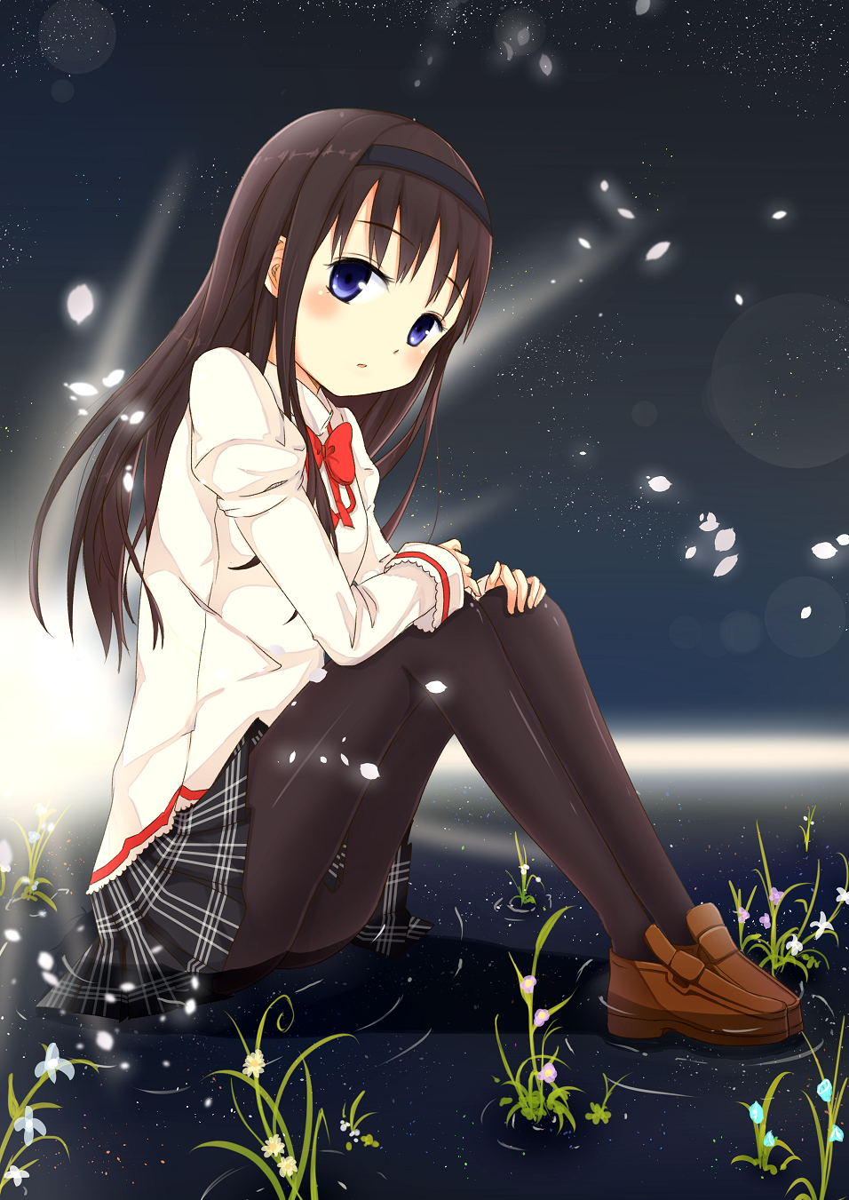 10s, 1girl, 53c_(ray_cordova), akemi_homura, black_hair, black_hairband, blush, brown_shoes