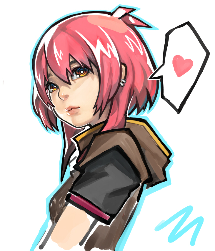 1girl, earrings, elegy, female_focus, hood, hoodie, jewelry, orange_eyes, pink_hair, short_hair, solo, source_request