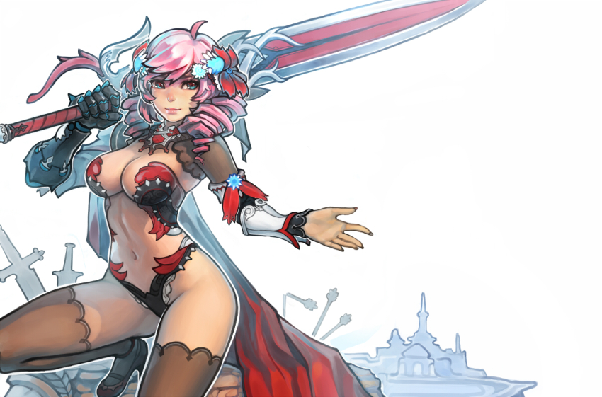 1girl, armor, bikini_armor, blue_eyes, breasts, cape, center_opening, cleavage, elegy, female_focus, gauntlets, high_heels, light_smile, midriff, navel, outstretched_arm, outstretched_hand, pink_eyes, pink_hair, solo, source_request, squatting, sword, thighhighs, warrior, weapon