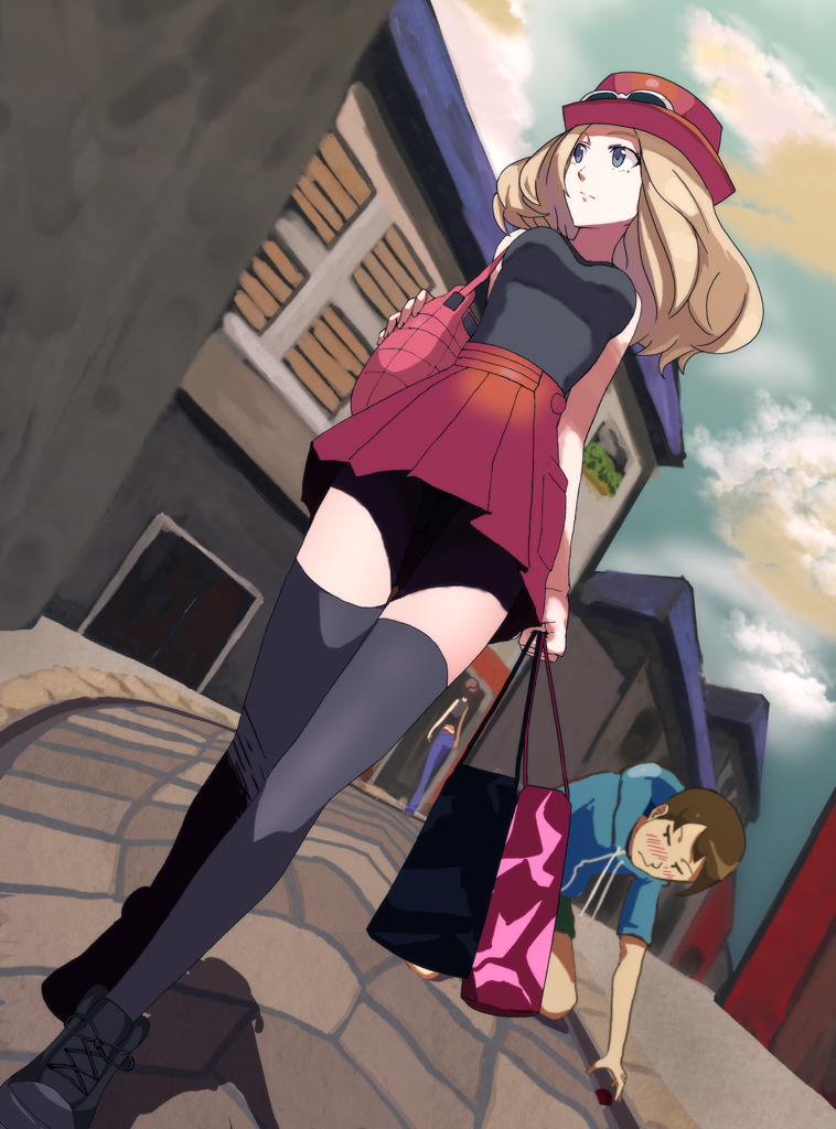 10s, 1boy, 1girl, arms_behind_back, bad_id, bad_pixiv_id, bag, bare_shoulders, black_thighhighs, blonde_hair, blue_eyes, blush, building, cameltoe, city, cloud, collarbone, eyewear_on_head, fingernails, fisheye, floor, gameplay_mechanics, green_eyes, grey_eyes, hair_bun, handbag, hat, hip_focus, kneeling, knees, legs, long_hair, looking_to_the_side, miniskirt, nintendo, npc_trainer, ogros, peeking, pervert, pleated_skirt, poke_ball, poke_ball_(basic), pokemon, pokemon_(anime), pokemon_x_and_y, serena_(pokemon), shoes, shopping_bag, short_hair, skirt, sky, sleeveless, smile, sunglasses, thighhighs, tongue, very_long_hair, walking, wristband, youngster_(pokemon)