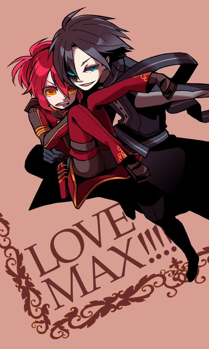 2boys, azian, bara_no_maria, black_hair, carrying, coat, green_eyes, heri_(azame)