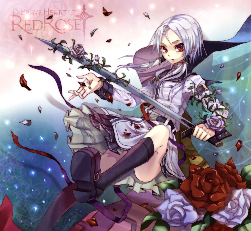 1boy, bad_id, bad_pixiv_id, bara_no_maria, flower, highres, kyousuke_(pixiv537612), lucy_(bara_no_maria), petals, red_eyes, rose, silver_hair, sword, takagi_kyousuke, trap, twintails, weapon