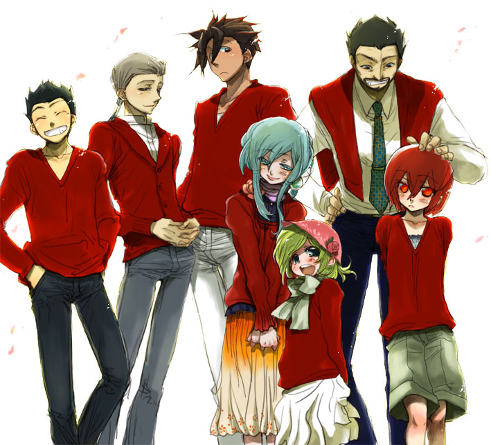 2girls, 5boys, bara_no_maria, black_hair, brown_hair, casual, green_eyes, green_hair