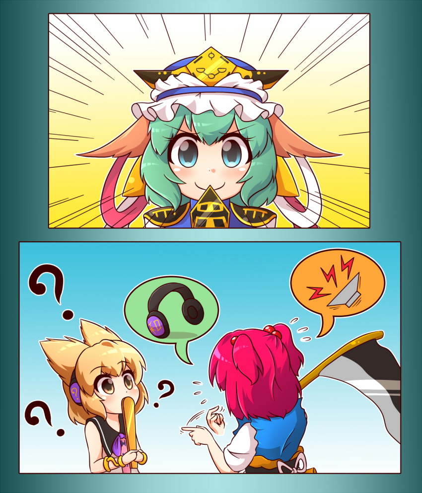 2koma, 3girls, ?, animal_ears, blonde_hair, blue_eyes, comic, cosplay