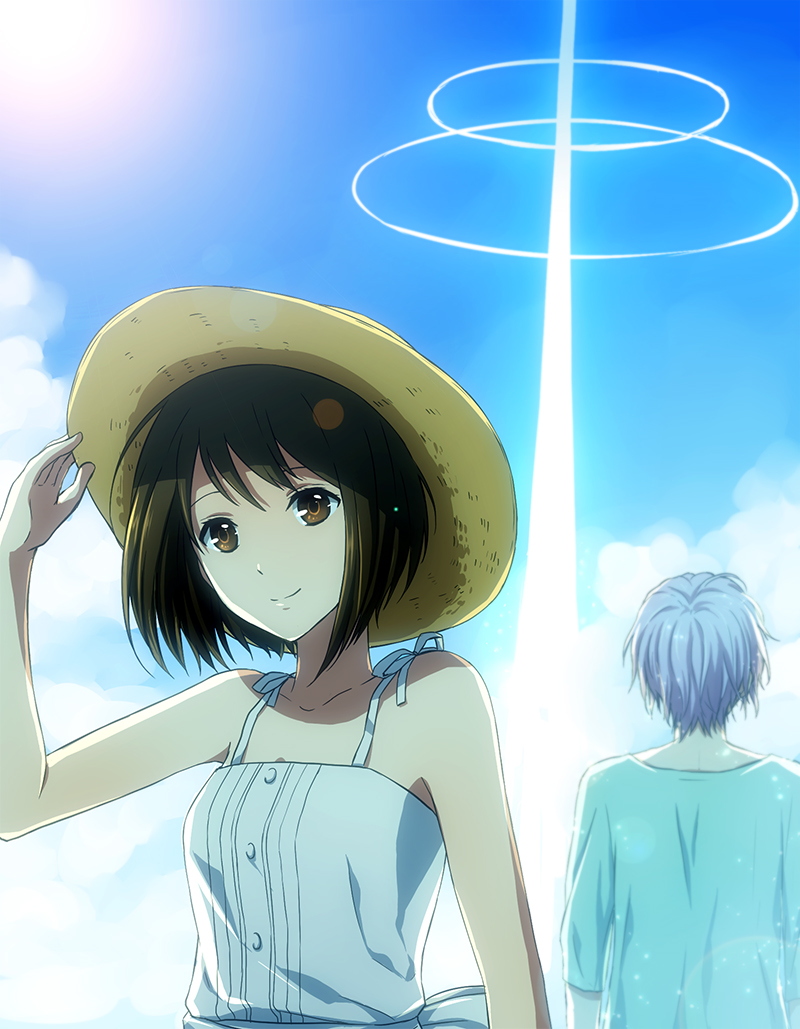 1boy, 1girl, blue_hair, brown_eyes, brown_hair, cloud, day, dress, hat, natsuzora_no_monologue, ogawa_aoi, rito453, short_hair, sky, sun_hat, watamori_kaede