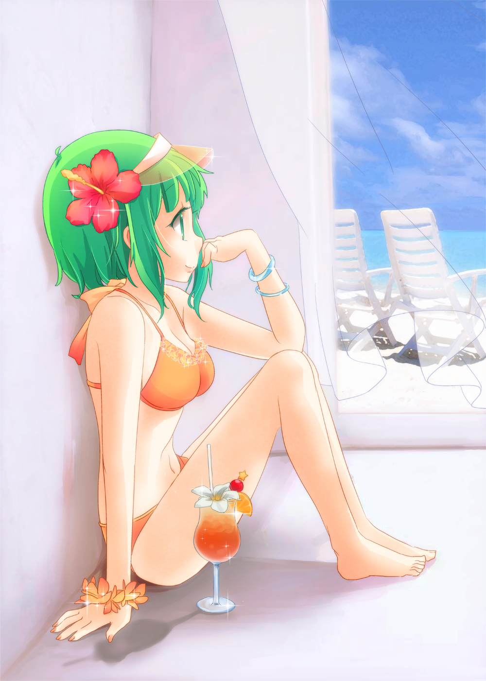 1girl, bikini, chair, drink, female_focus, flower, green_eyes, green_hair, gumi, hibiscus, highres, lounge_chair, matching_hair/eyes, orange_bikini, short_hair, solo, swimsuit, visor, vocaloid, yakimochi