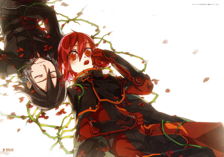 2boys, absurdres, azian, bara_no_maria, black_hair, bunbun, coat, closed_eyes