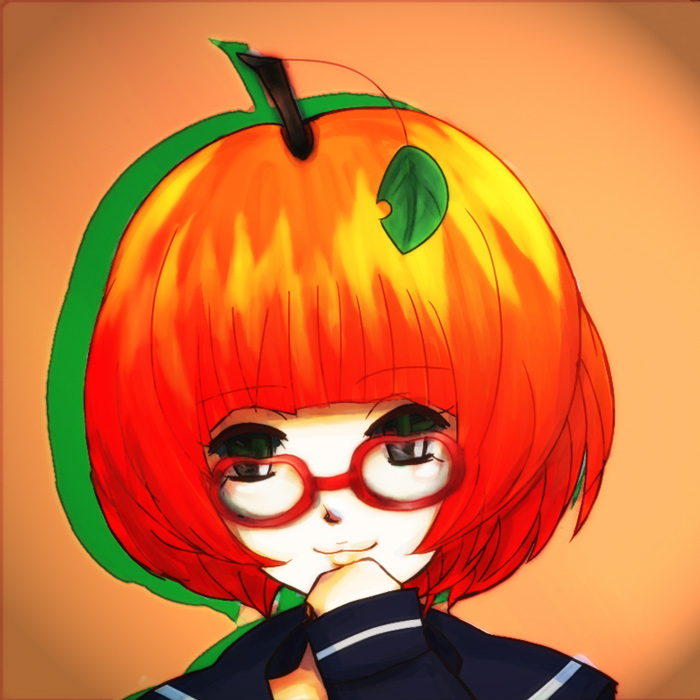 1girl, apple, colored_shadow, creepy_eyes, female_focus, food, fruit, glasses
