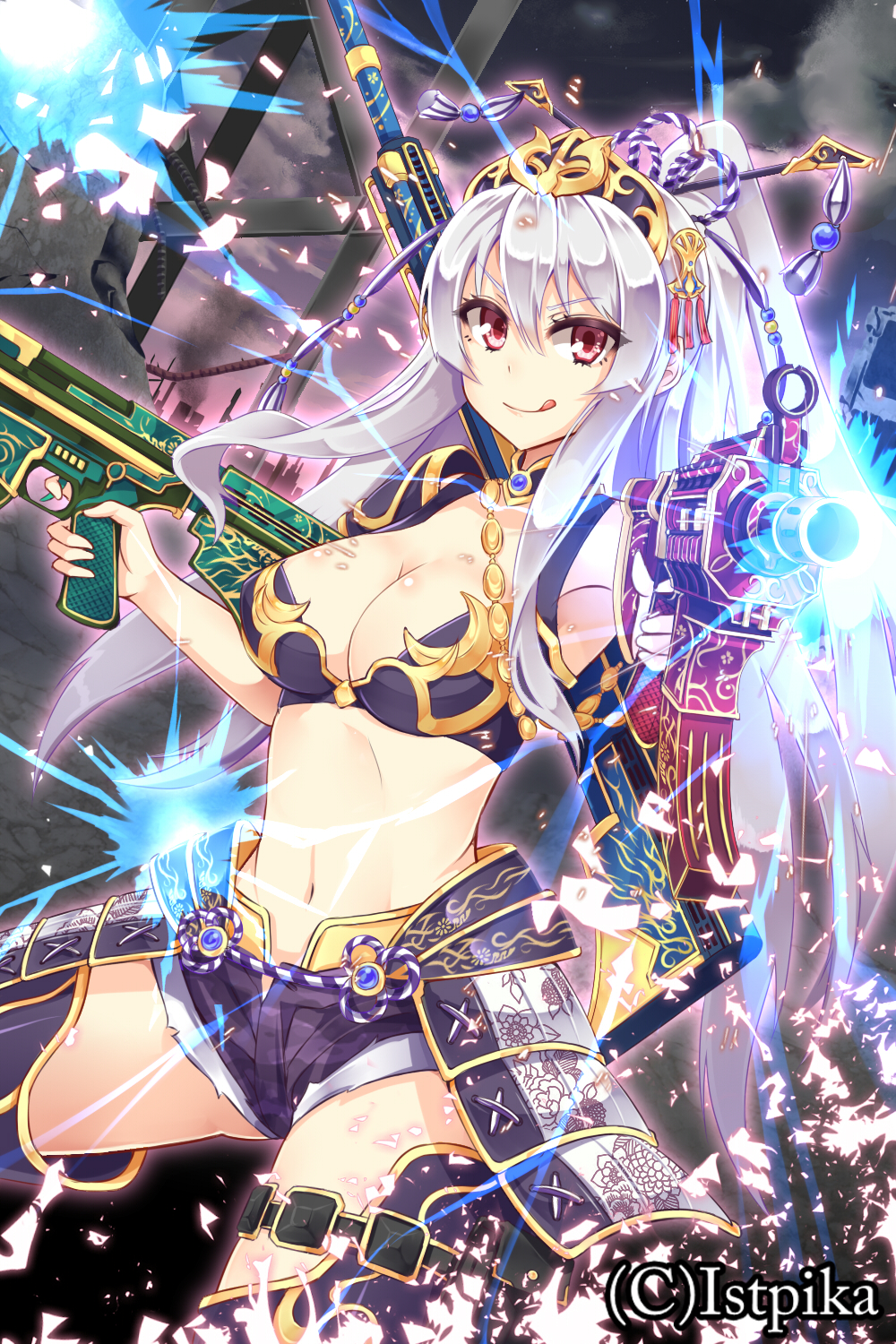 1girl, :q, armor, bad_id, bad_pixiv_id, breasts, cleavage, company_name