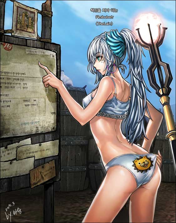 10s, 1girl, 2010, barrel, earrings, evy_(mabinogi), female_focus, from_behind, green_eyes, jewelry, korean_text, lion, long_hair, mabinogi, mabinogi_heroes, pointing, ponytail, signature, solo, staff, star_(symbol), tattoo, underwear, white_hair