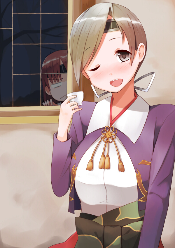 10s, 2girls, alcohol, blush, brown_eyes, brown_hair, chitose_(kancolle), chiyoda_(kancolle)