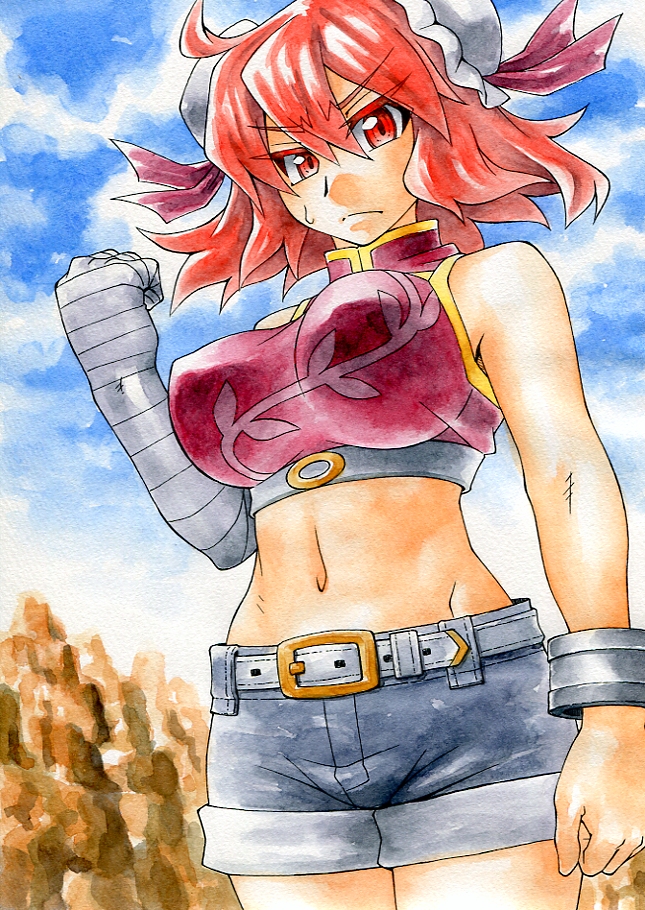 1girl, adapted_costume, alternate_costume, bandages, bandaid, bare_arms, belt, blue_sky, breasts, bun_cover, cloud, crop_top, cuffs, day, denim, denim_shorts, double_bun, female_focus, hair_bun, ibaraki_kasen, impossible_clothes, impossible_shirt, kawachi_koorogi, large_breasts, midriff, navel, nib_pen_(medium), painting_(medium), pen_(medium), red_eyes, red_hair, shackles, shirt, shorts, sky, solo, touhou, traditional_media, watercolor_(medium)