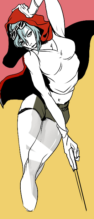 1girl, bad_id, bad_pixiv_id, blue_hair, cloak, dress, eyewear_on_head, female_focus, gloves, hood, hooded_cloak, jojo_no_kimyou_na_bouken, knife, mariah_(jojo), mi_(ckock0914), miniskirt, muted_color, navel, missing_legwear, short_dress, short_hair, skirt, solo, sunglasses