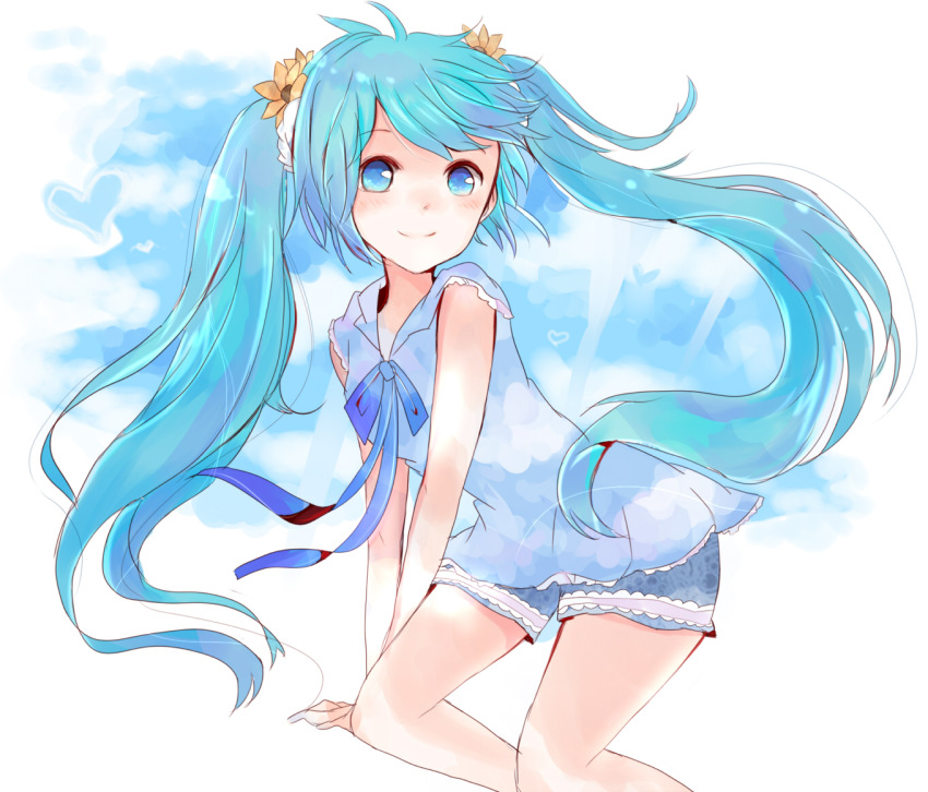 aqua_eyes, aqua_hair, flower, hair_ornament, hatsune_miku, long_hair, ribbon, smile