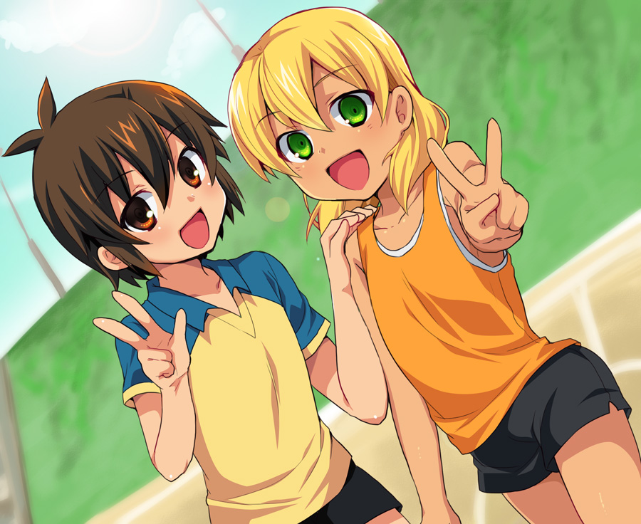 2boys, bad_id, bad_pixiv_id, blonde_hair, brown_eyes, brown_hair, dutch_angle, futaba_841