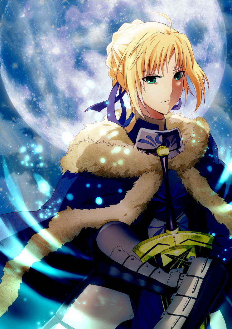 1girl, ahoge, armor, armored_dress, artoria_pendragon_(fate), avalon_(fate), bad_id, bad_pixiv_id, blonde_hair, cape, dress, excalibur_(fate/stay_night), fate/stay_night, fate_(series), female_focus, full_moon, gauntlets, green_eyes, hair_ribbon, moon, ribbon, saber_(fate), sheath, sheathed, solo, yamada_runoka