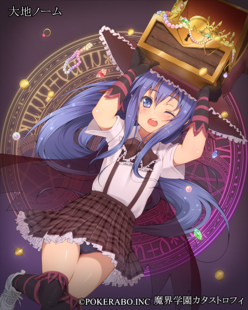 1girl, ;o, blue_eyes, blue_hair, bow, cape, chalice, coin