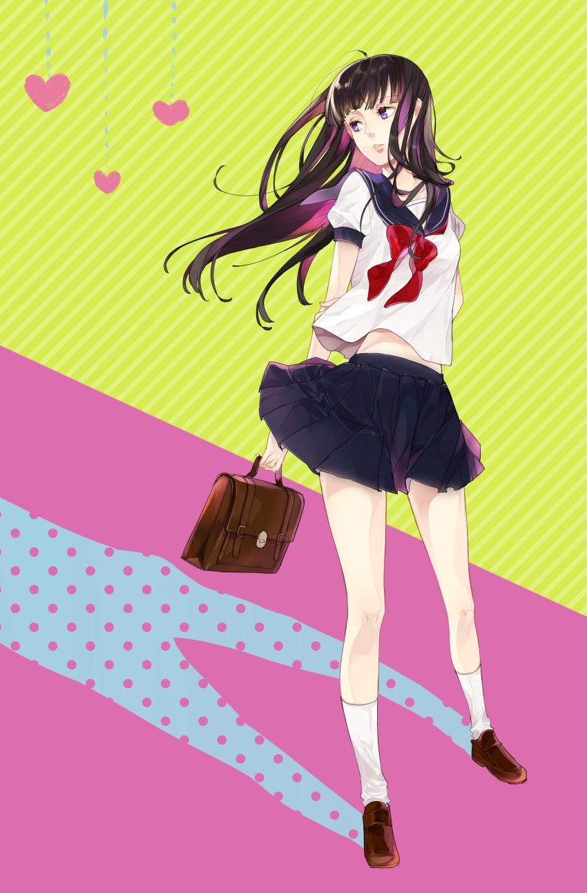 absurdres, bad_id, bad_pixiv_id, bag, black_hair, blunt_bangs, heart, highres, loafers, long_hair, midriff_peek, orenji_(lullaby), original, purple_eyes, satchel, school_uniform, serafuku, shoes, skirt, socks, solo