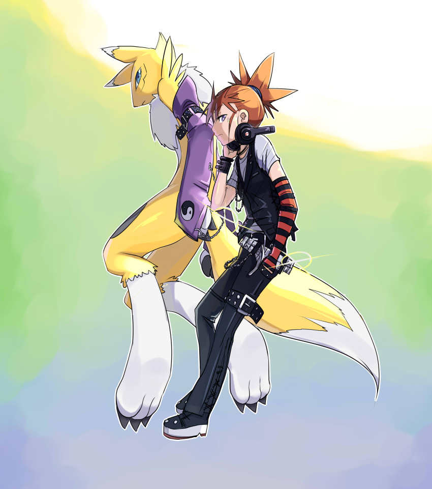 00s, 1girl, absurdres, alternate_costume, animal_hands, beats_by_dr._dre, buckle, contemporary, digimon, digimon_(creature), digimon_tamers, flat_chest, from_side, full_body, furry, headphones, highres, makino_ruki, orange_hair, ponytail, profile, purple_eyes, renamon, riza23