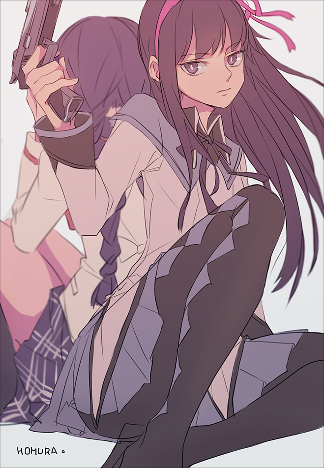 10s, 2girls, akemi_homura, akemi_homura_(magical_girl), back-to-back, bad_id, bad_pixiv_id, bana0830, black_hair, braid, dual_persona, gun, hair_ribbon, hairband, long_hair, mahou_shoujo_madoka_magica, mahou_shoujo_madoka_magica_(anime), multiple_girls, pantyhose, ribbon, sitting, skirt, twin_braids, weapon