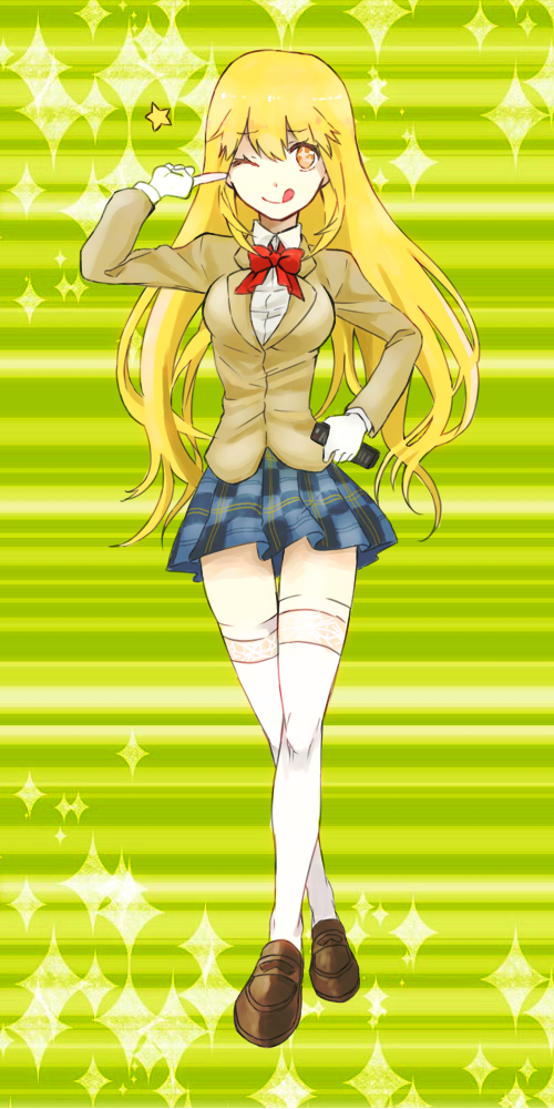 +_+, 1girl, bad_id, bad_pixiv_id, blonde_hair, dojikko_pose, female_focus, gloves