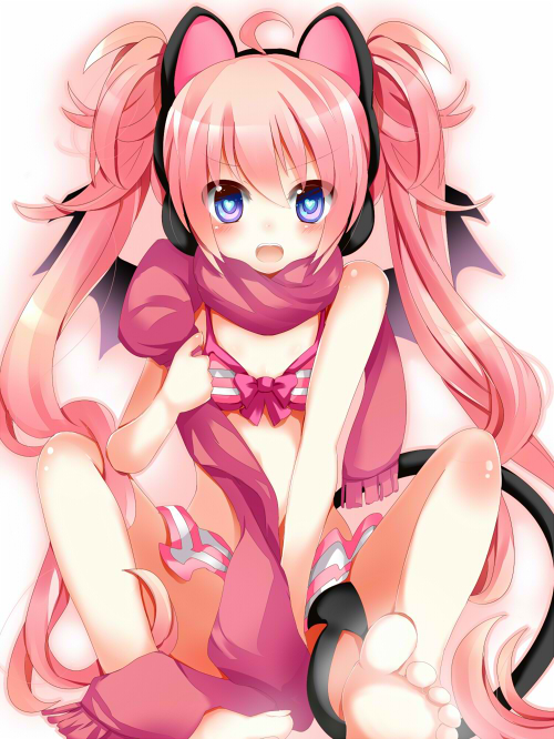 >:d, 1girl, :d, animal_ear_headphones, animal_ears, barefoot, beatmania_iidx, bemani, bikini, blue_eyes, cat_ear_headphones, cat_ears, fake_animal_ears, feet, female_focus, gaoohohaha, headphones, heart, heart-shaped_pupils, jubeat, long_hair, md5_mismatch, nagisa, nagisa_(jubeat), open_mouth, pink_bikini, pink_hair, scarf, smile, solo, swimsuit, symbol-shaped_pupils, toes, twintails, v-shaped_eyebrows, very_long_hair