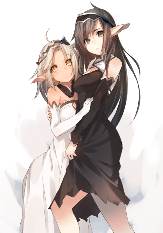 2girls, ahoge, bare_shoulders, black_dress, black_hair, detached_collar, dress, elbow_gloves, elf, gloves, hairband, koota_(rlet_loft), long_hair, looking_at_viewer, multiple_girls, original, pointy_ears, silver_hair, white_background, white_dress, white_gloves, yellow_eyes
