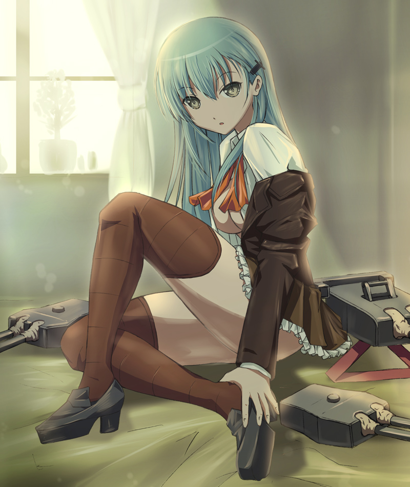 10s, 1girl, aqua_eyes, aqua_hair, blazer, blush, breasts, brown_thighhighs