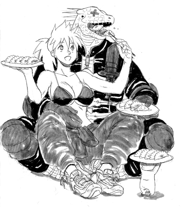 1boy, 1girl, bikini, bikini_top_only, breasts, caiman_(dorohedoro), chopsticks, cleavage, dorohedoro, dumpling, feeding, food, gyoza, gyoza_man, hand_on_another's_waist, happy, jumpsuit, jumpsuit_around_waist, large_breasts, lizard, monochrome, nikaidou_(dorohedoro), plate, ponytail, shoes, simple_background, sitting, sitting_on_lap, sitting_on_person, sneakers, swimsuit, underboob, white_background, yuzuka_(artist)