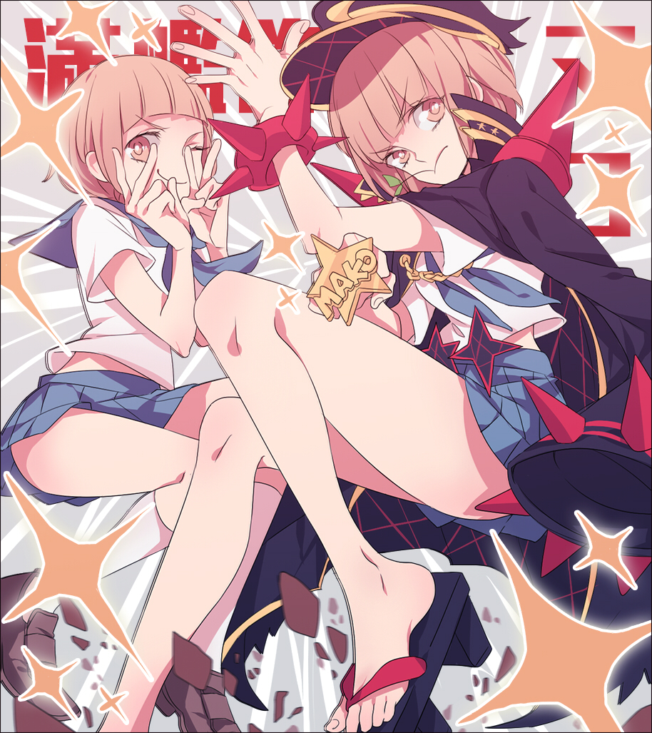 10s, 2girls, ;), bad_id, bad_pixiv_id, bana0830, banchou, blue_sailor_collar, blue_skirt, bob_cut, bracelet, brass_knuckles, brown_eyes, brown_hair, chain, delinquent, double_v, dual_persona, hat, jacket, jacket_on_shoulders, jewelry, kill_la_kill, mankanshoku_mako, multiple_girls, one_eye_closed, sailor_collar, sandals, school_uniform, serafuku, short_hair, skirt, smile, spiked_bracelet, spikes, spoilers, v, weapon, wink