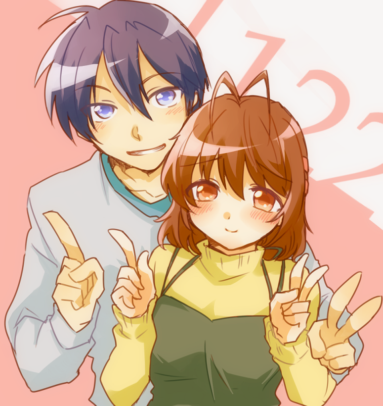 00s, 1boy, 1girl, antenna_hair, blue_eyes, blue_hair, brown_eyes, brown_hair, camisole, clannad, couple, dated, fujisaki_yuu_(nkrm), furukawa_nagisa, grin, hetero, index_finger_raised, okazaki_tomoya, shirotsume_(nekokanromansu), short_hair, smile, sweater, v