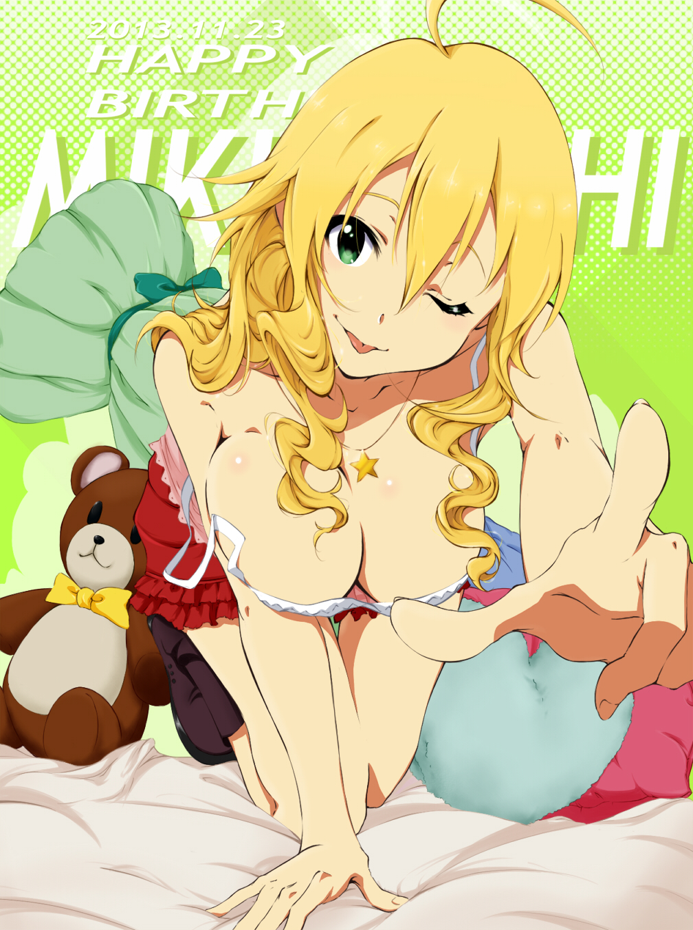 1girl, :p, ahoge, blonde_hair, breasts, character_name, cleavage, dated, female_focus, green_background, green_eyes, happy_birthday, highres, hoshii_miki, idolmaster, idolmaster_(classic), jewelry, large_breasts, long_hair, looking_at_viewer, one_eye_closed, pendant, pillow, shotarou, solo, star_(symbol), stuffed_animal, stuffed_toy, teddy_bear, tongue, tongue_out, wink