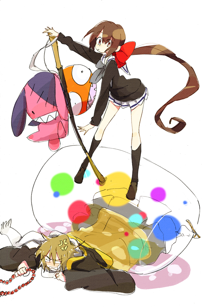 10s, 1boy, 1girl, bow, brown_hair, hair_bow, hammer, koto_(kyousougiga)