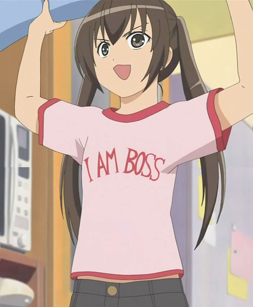 00s, 1girl, brown_hair, female_focus, i_am_boss, indoors, long_hair, minami-ke