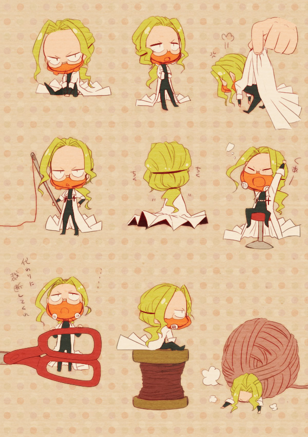 10s, 1boy, blonde_hair, chibi, glasses, iori_shirou, kill_la_kill, kou2121, lab_coat, long_hair, male_focus, mask, mini_person, miniboy, needle, ponytail, scissors, sewing_needle, sitting, yarn, yarn_ball