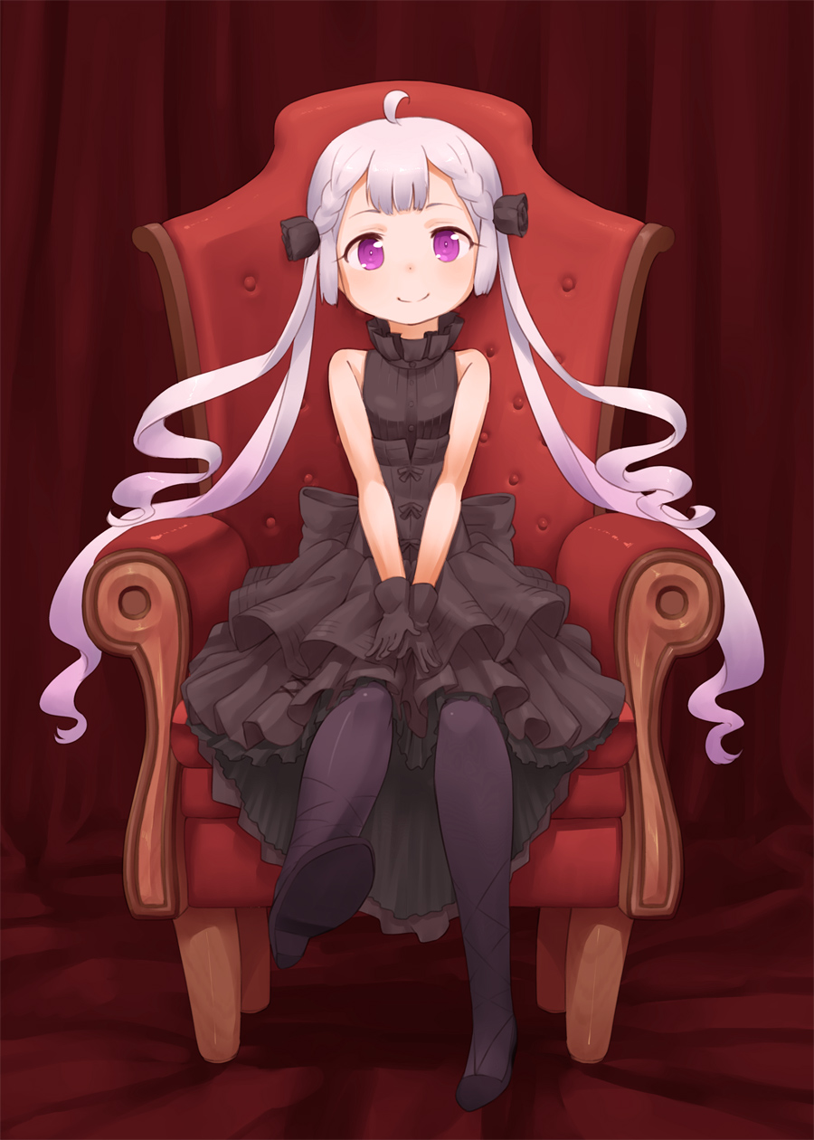 10s, 1girl, ahoge, armchair, black_dress, black_gloves, black_pantyhose, blush