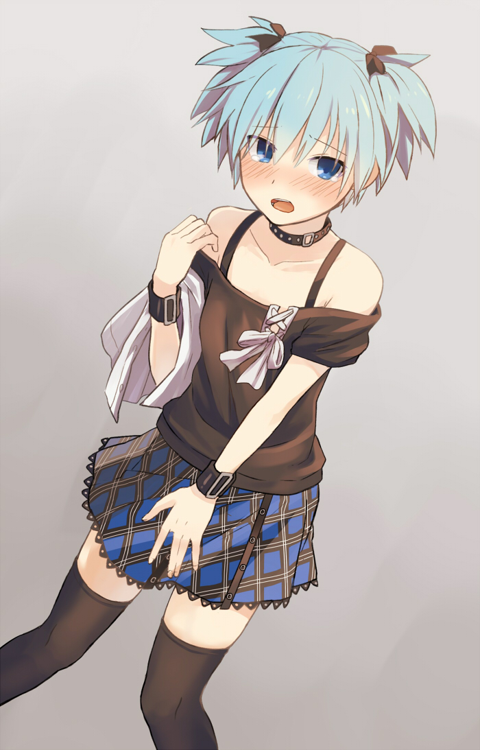 10s, 1boy, androgynous, ansatsu_kyoushitsu, aqua_hair, bad_id, bad_pixiv_id, bare_shoulders, black_legwear, blue_eyes, blue_hair, blush, collar, covering_crotch, covering_privates, crossdressing, crossdressing_(mtf), embarrassed, hair_ribbon, mamedenkyuu_(kana), open_mouth, plaid_clothes, plaid_skirt, ribbon, shiota_nagisa, short_hair, short_twintails, simple_background, skirt, tears, teeth, thighhighs, tongue, trap, twintails, wristband, zettai_ryouiki