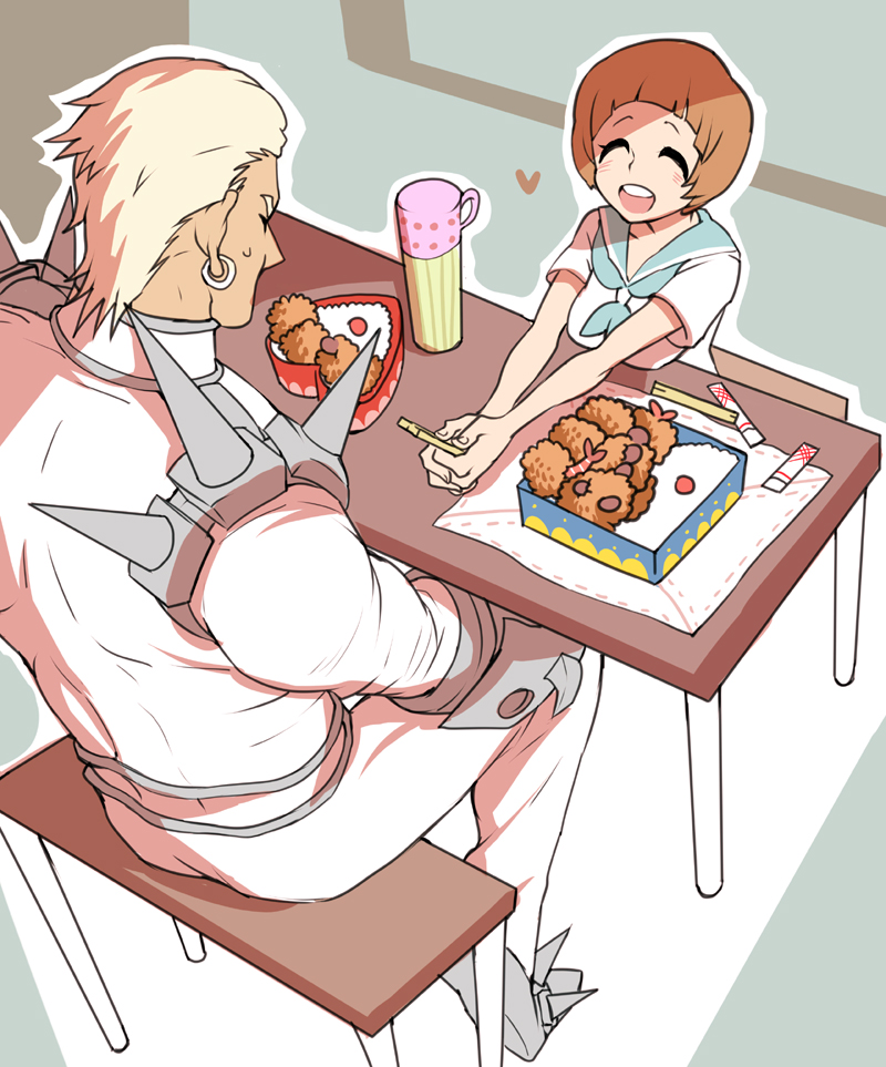 10s, 1boy, 1girl, bad_id, bad_pixiv_id, bento, blue_sailor_collar, brown_hair, chopsticks, closed_eyes, croquette, dugong_(jinjuok0909), food, gamagoori_ira, heart, kill_la_kill, mankanshoku_mako, sailor_collar, sitting, smile, table, thermos