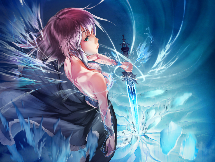 1girl, bare_back, blue_eyes, dress, female_focus, highres, ice, original